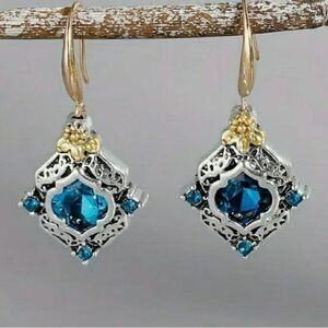Silver Filigree Blue Crystal Drop Earrings - Women's Jewelry